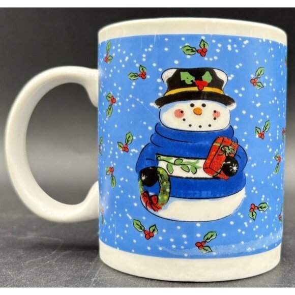 Vtg Christmas Holiday Snowman Coffee Tea Cup Mug Holly Blue Gift Lindsey Jordan - Picture 4 of 7